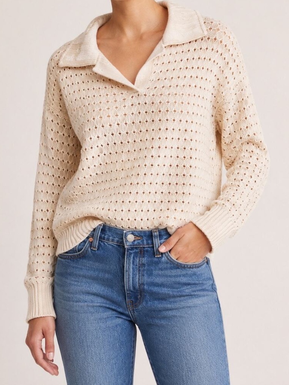 Joie Open-Knit V-Neck Collared Sweater - Cream